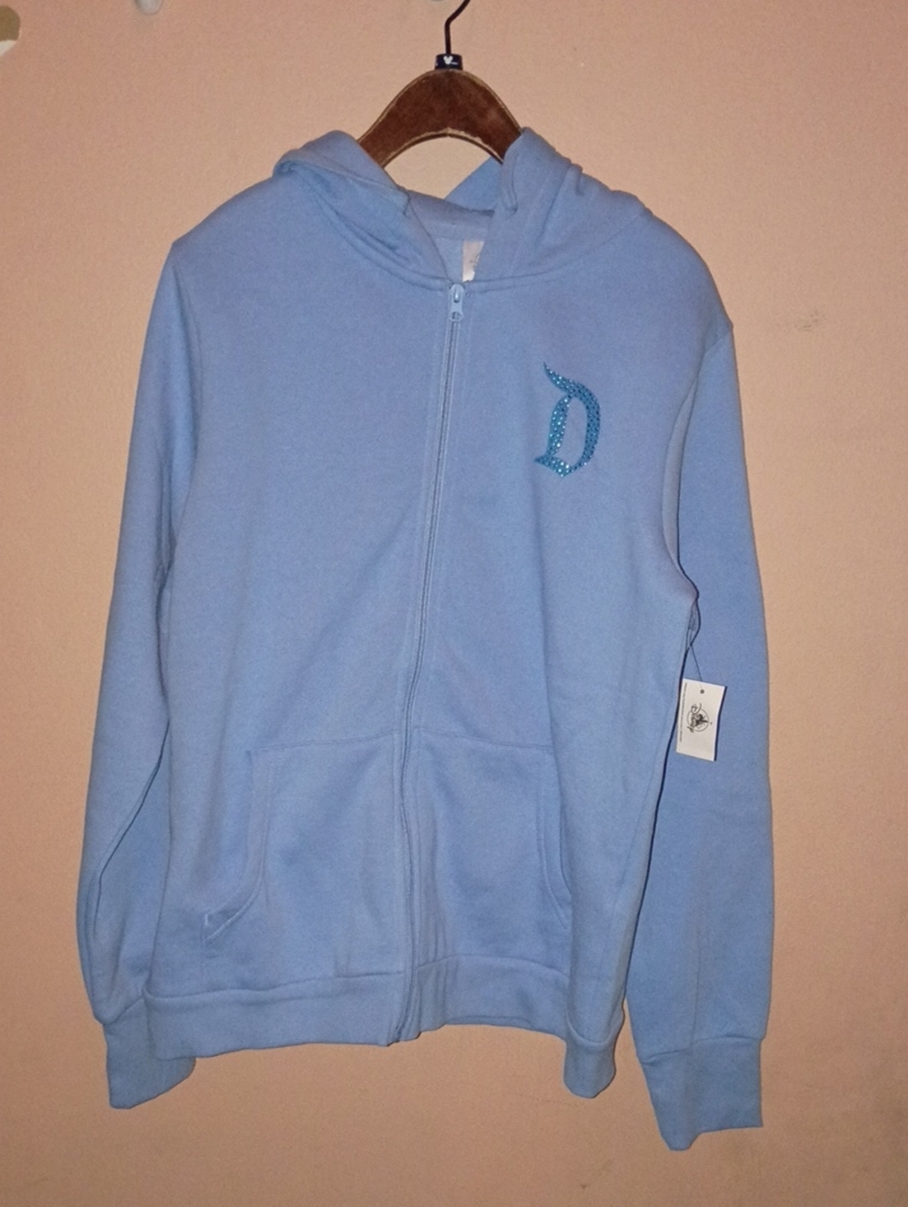 Light Blue Women's Zip-Front Varsity Hoodie with Embellished D